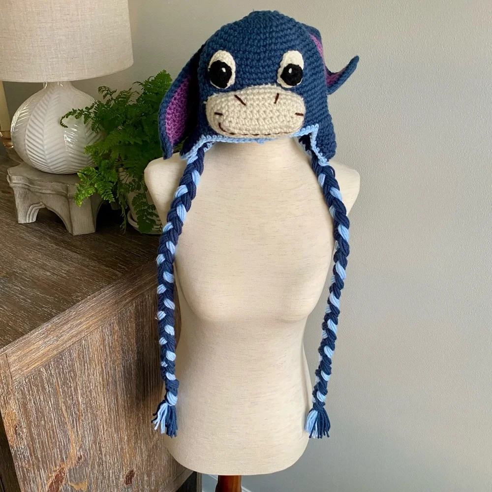 Handmade Eeyore Crochet Hand Crocheted Kids‎ Childrens Hat Purple Blue One Size
